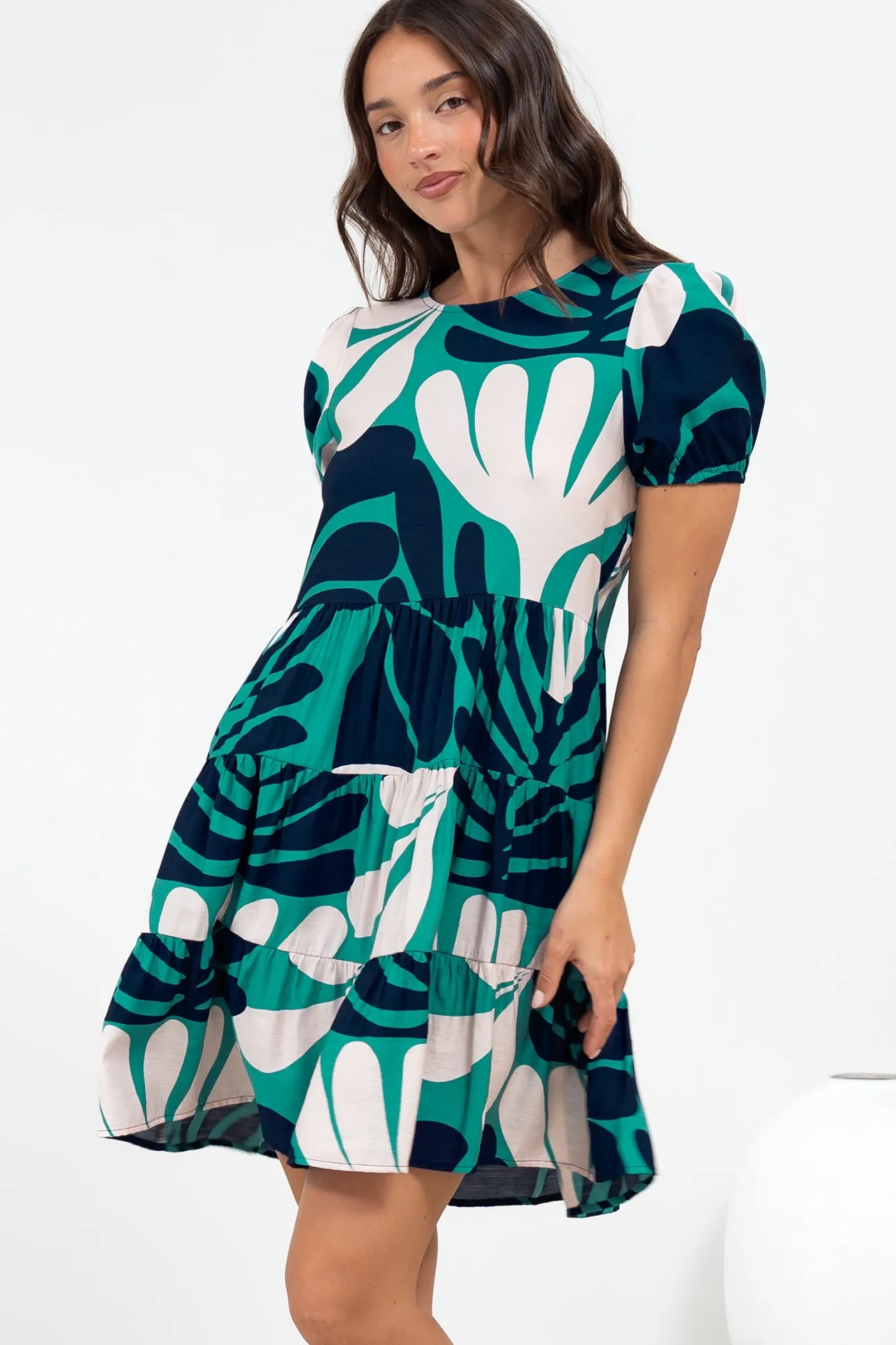 Samson Mini Dress - Crew Neck Tiered Dress with Short Sleeves in Mystic Print>Salty Crush Clearance
