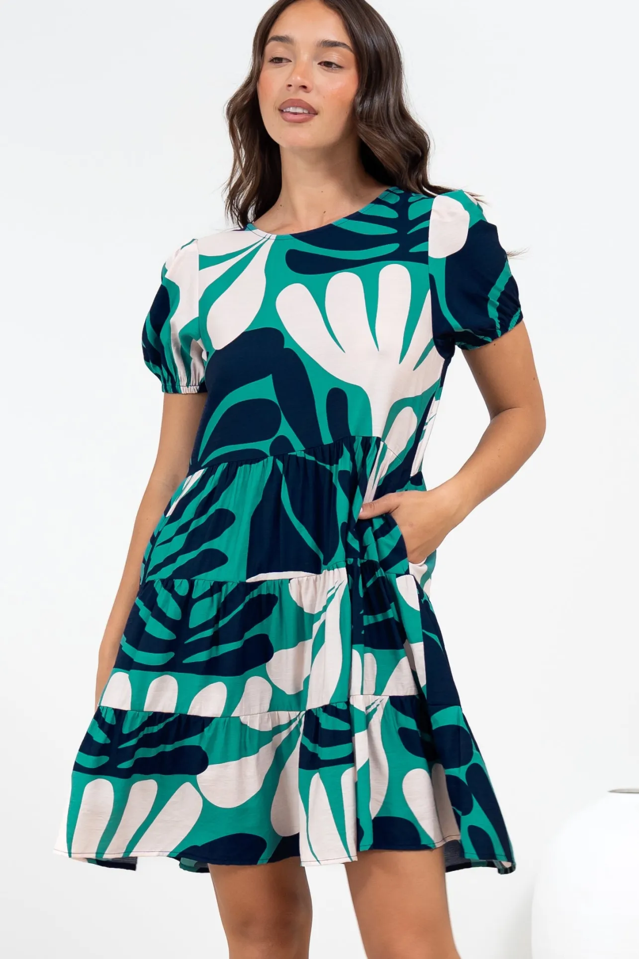 Samson Mini Dress - Crew Neck Tiered Dress with Short Sleeves in Mystic Print>Salty Crush Clearance