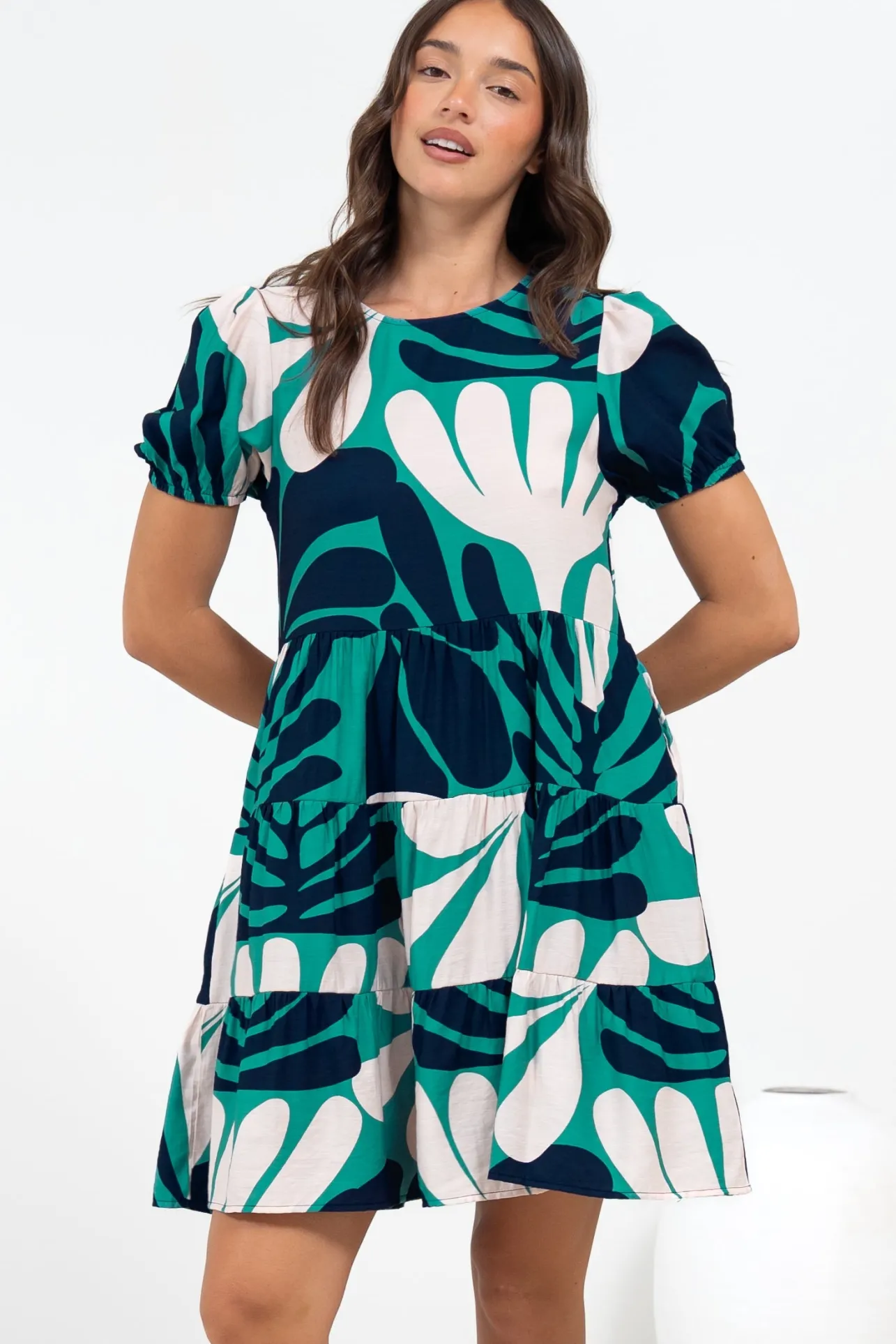 Samson Mini Dress - Crew Neck Tiered Dress with Short Sleeves in Mystic Print>Salty Crush Clearance