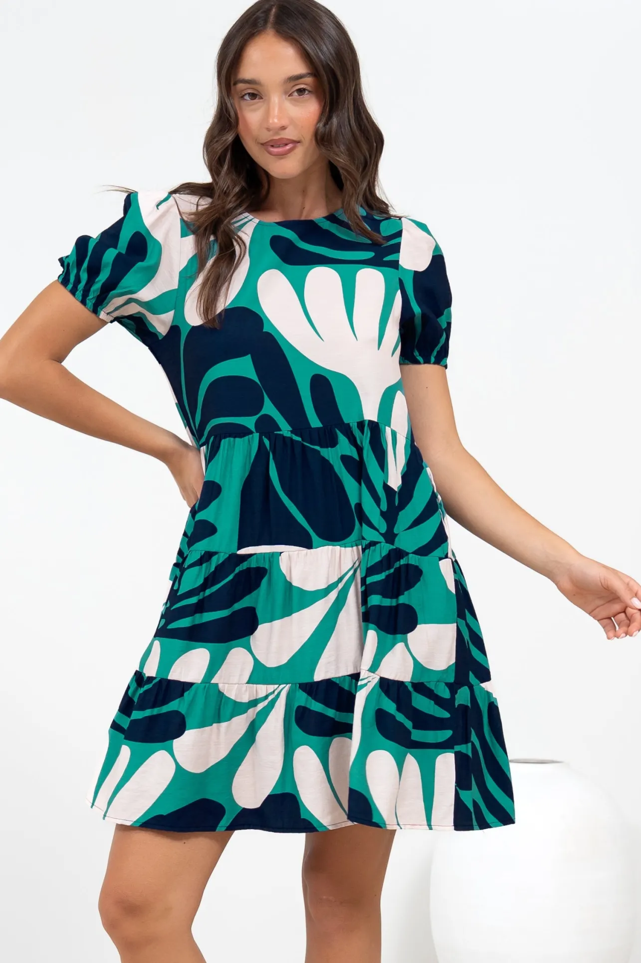 Samson Mini Dress - Crew Neck Tiered Dress with Short Sleeves in Mystic Print>Salty Crush Clearance