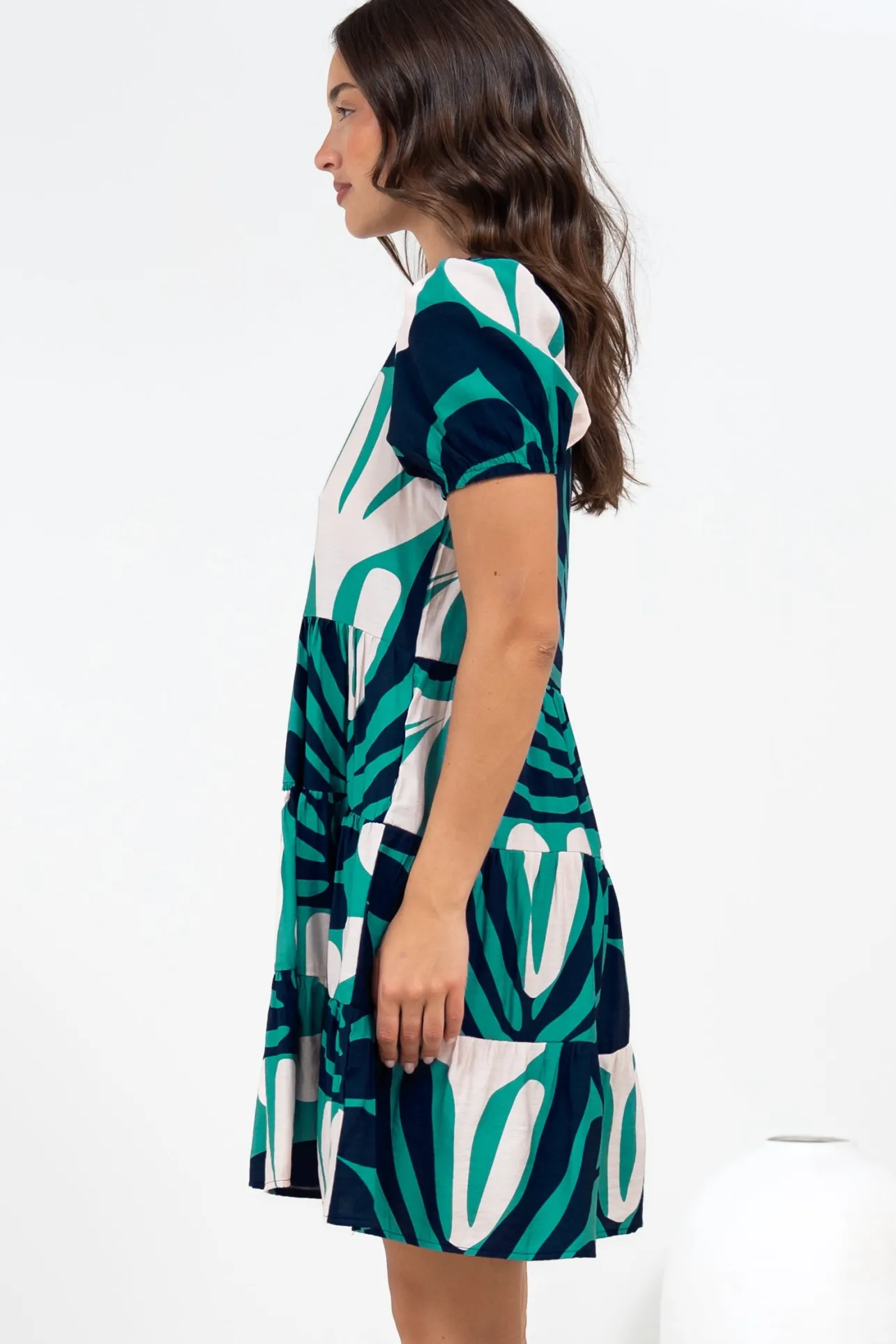 Samson Mini Dress - Crew Neck Tiered Dress with Short Sleeves in Mystic Print>Salty Crush Clearance