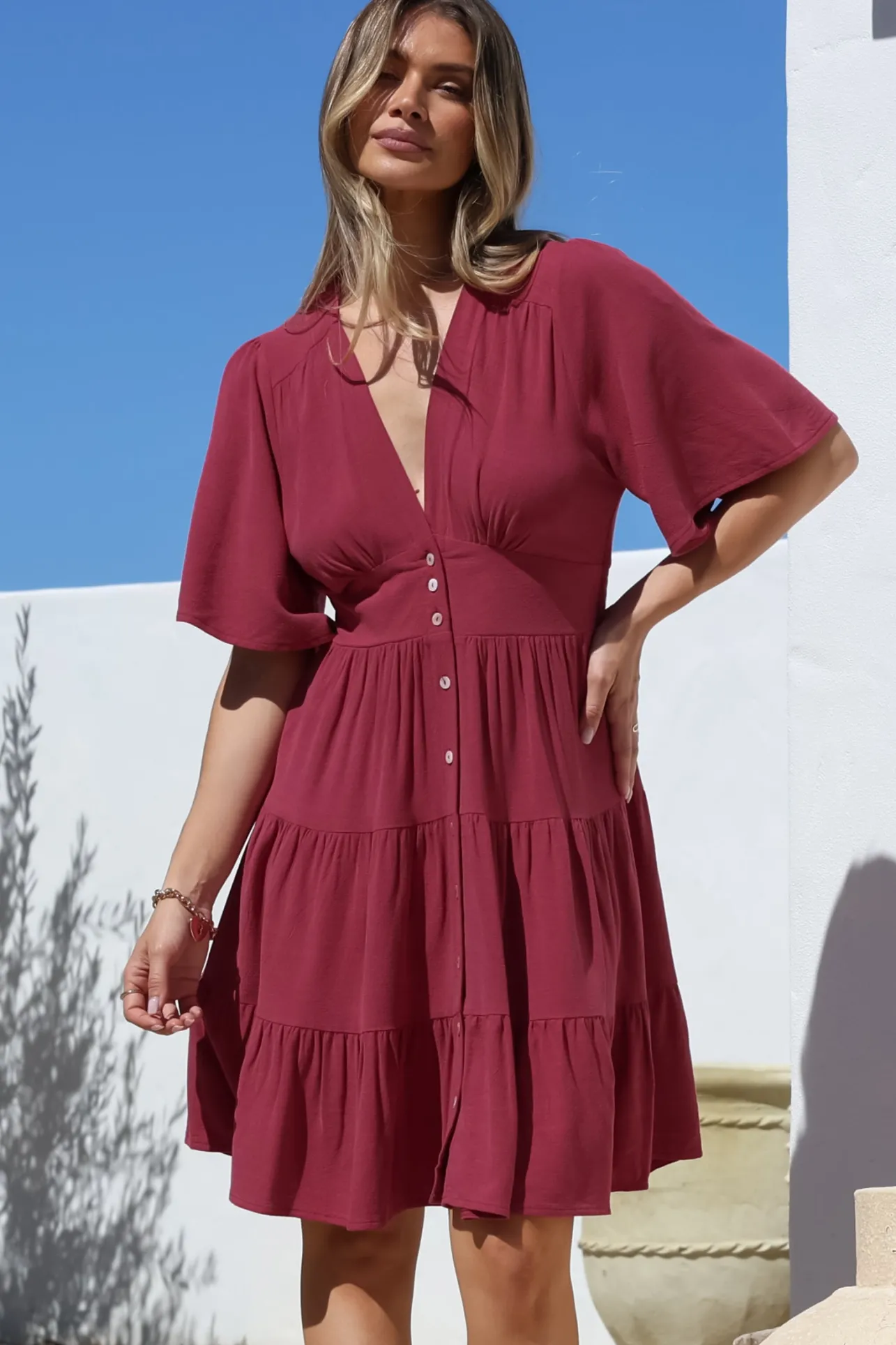 Sana Mini Dress - Bell Sleeve Button Down V Neck Dress in Berry>Salty Crush Online