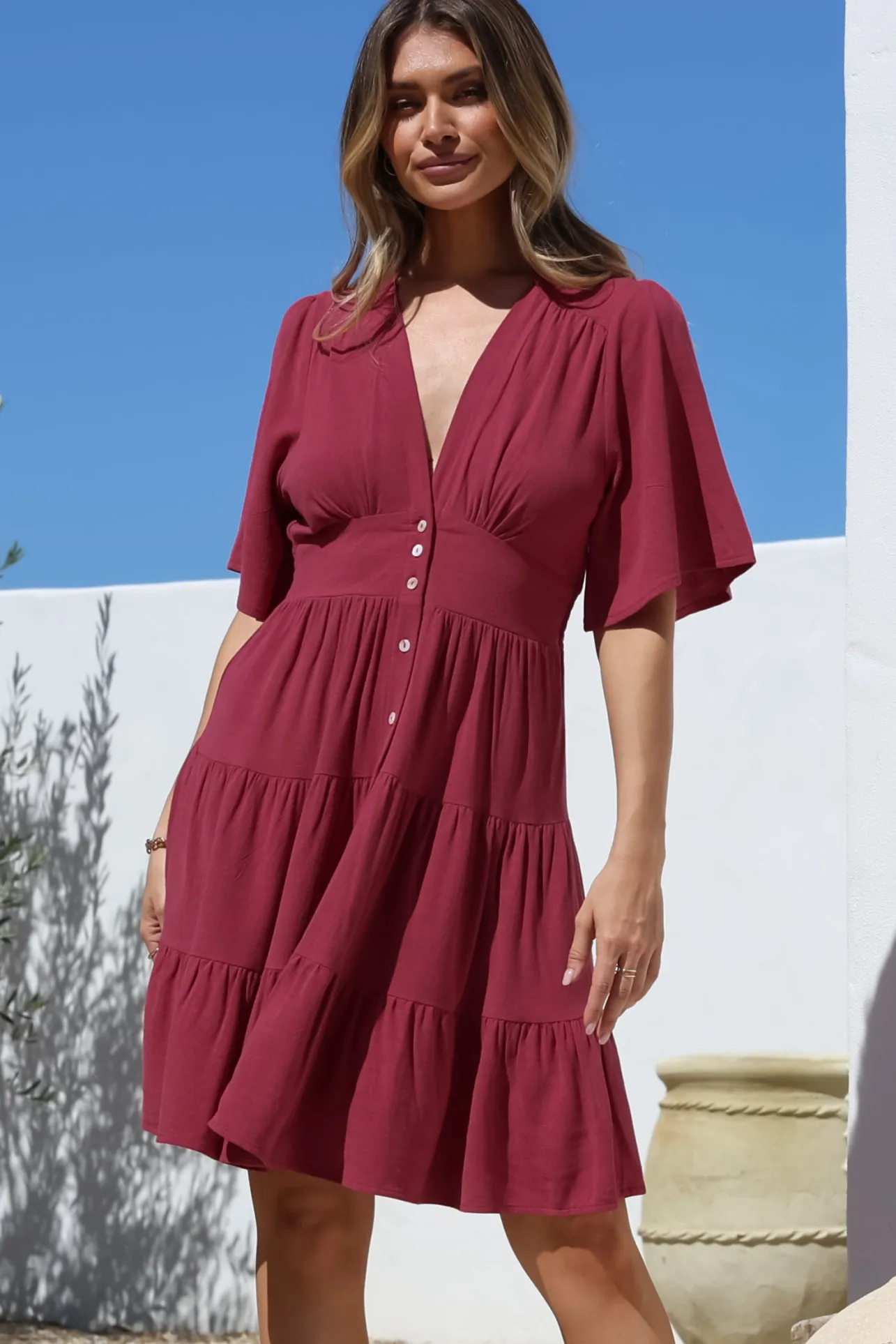 Sana Mini Dress - Bell Sleeve Button Down V Neck Dress in Berry>Salty Crush Online