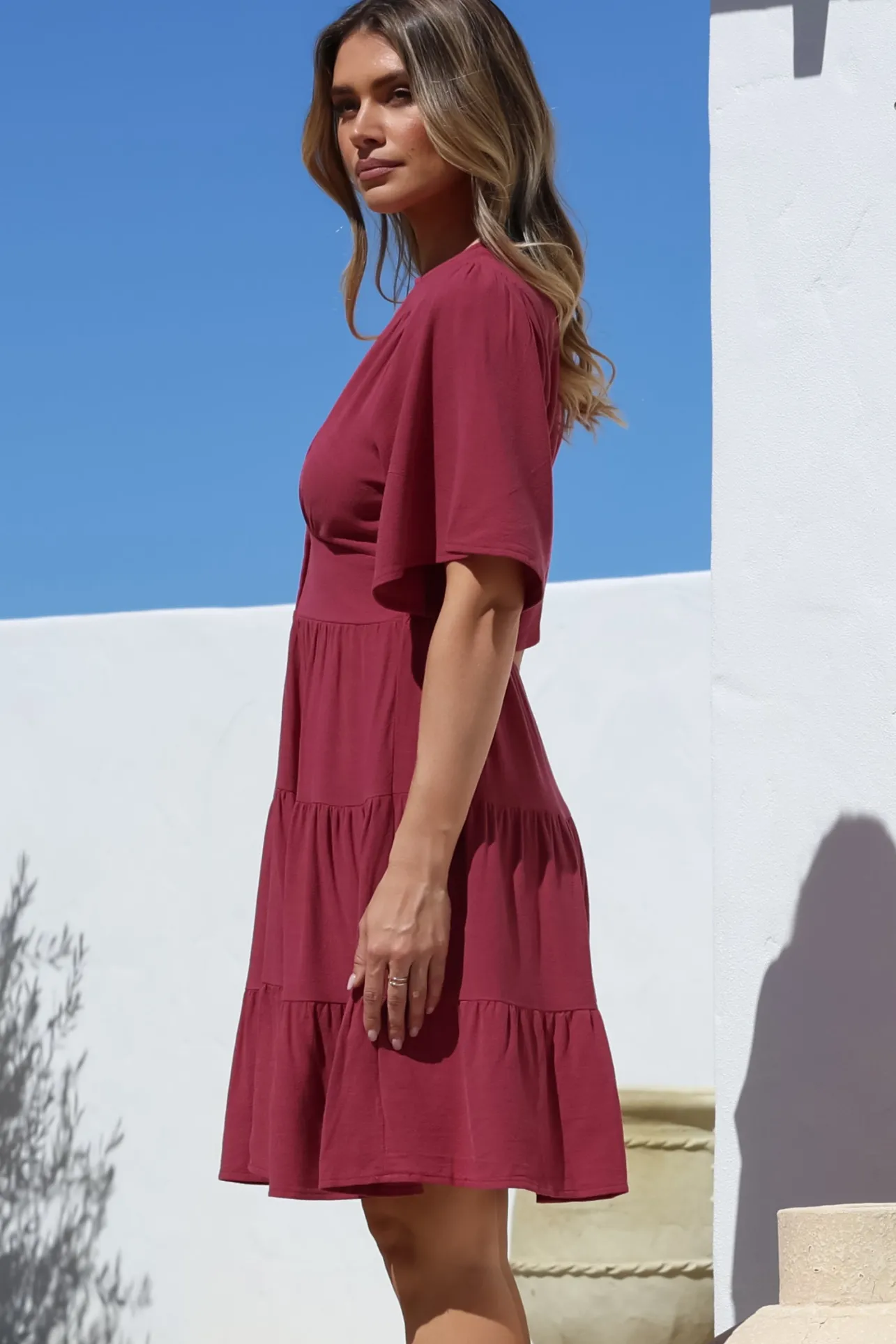 Sana Mini Dress - Bell Sleeve Button Down V Neck Dress in Berry>Salty Crush Online
