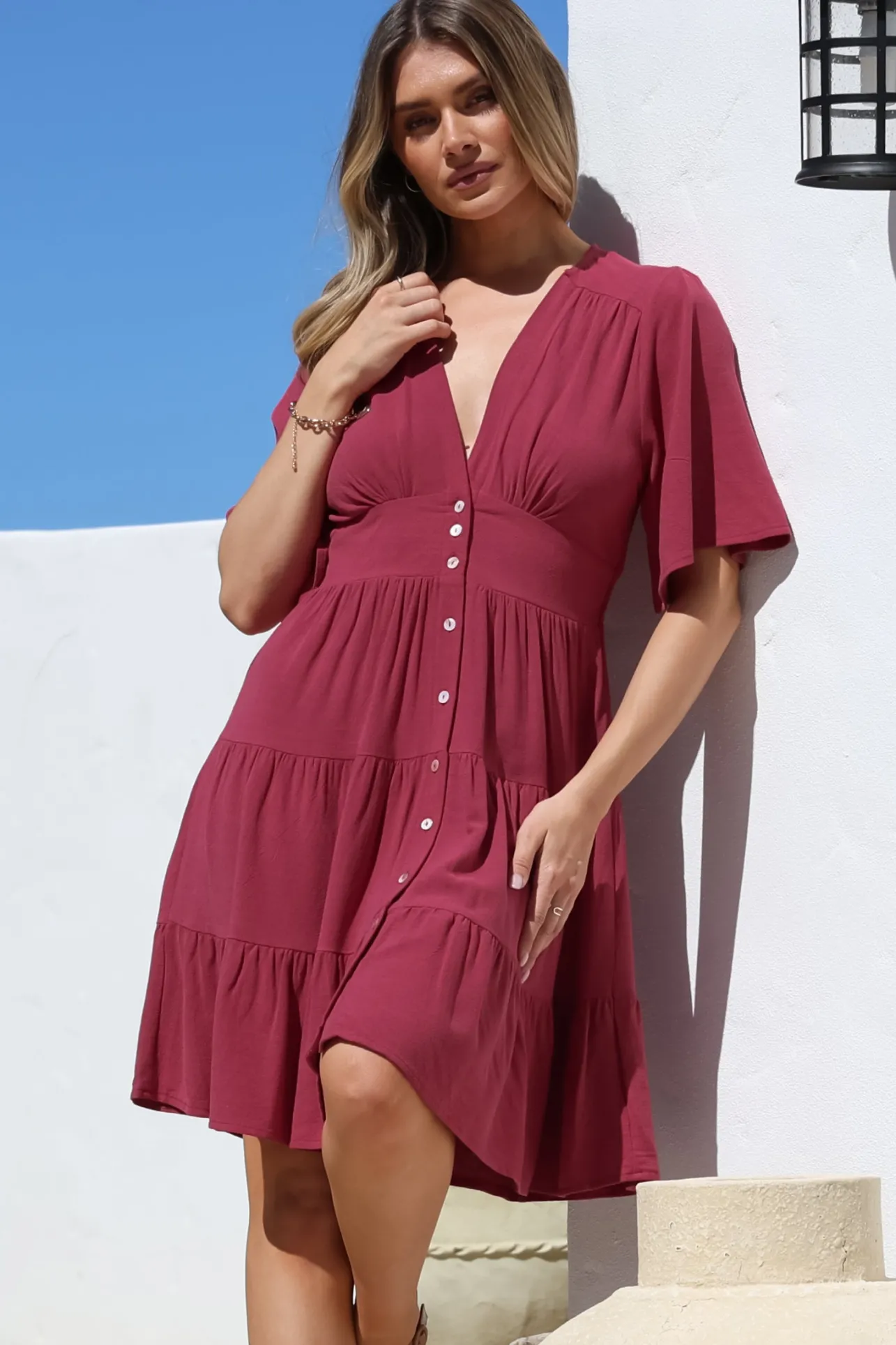 Sana Mini Dress - Bell Sleeve Button Down V Neck Dress in Berry>Salty Crush Online