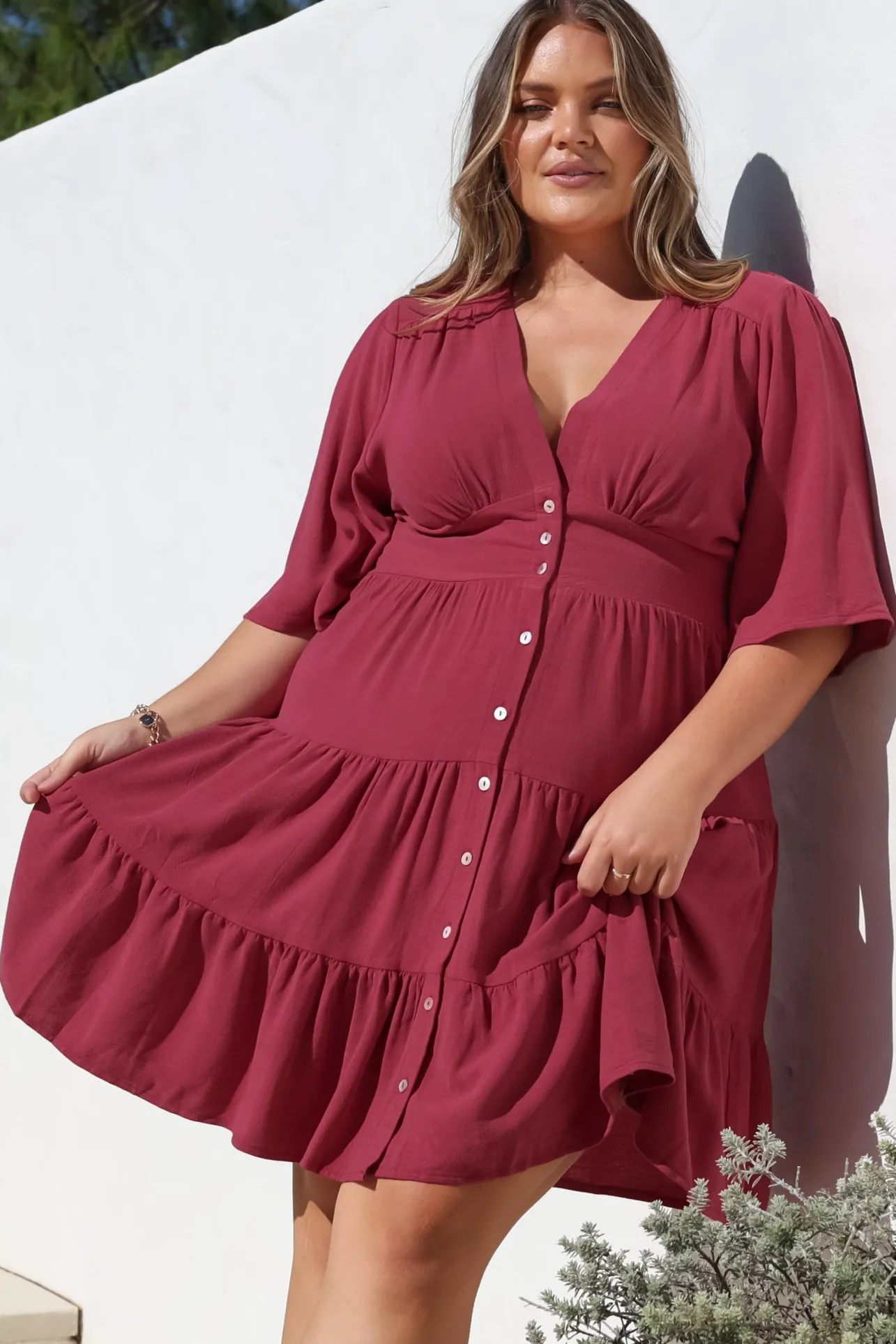 Sana Mini Dress - Bell Sleeve Button Down V Neck Dress in Berry>Salty Crush Online