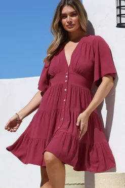 Sana Mini Dress - Bell Sleeve Button Down V Neck Dress in Berry><noscript><img width=