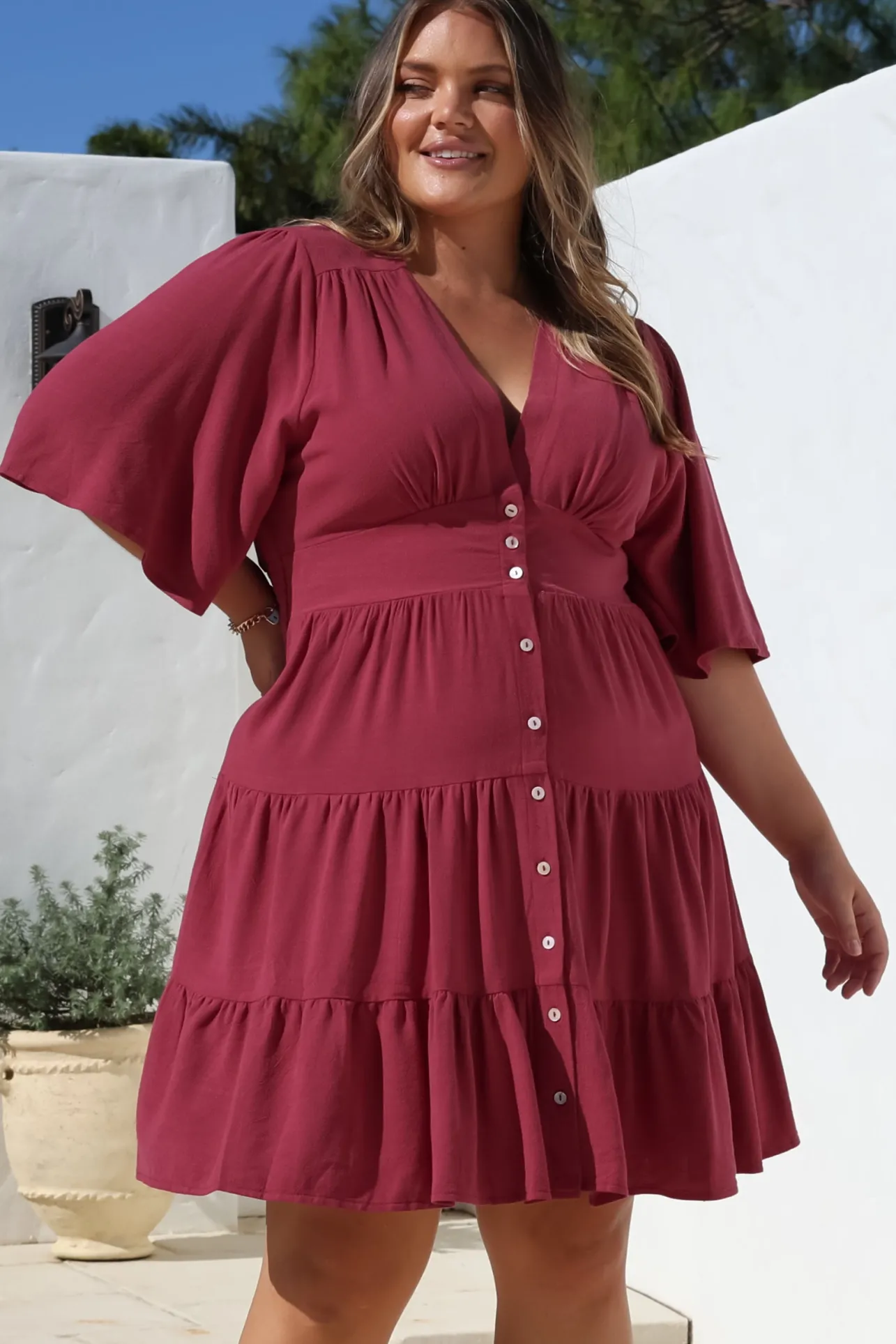 Sana Mini Dress - Bell Sleeve Button Down V Neck Dress in Berry>Salty Crush Online