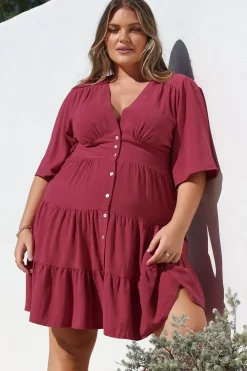 Sana Mini Dress - Bell Sleeve Button Down V Neck Dress in Berry><noscript><img width=