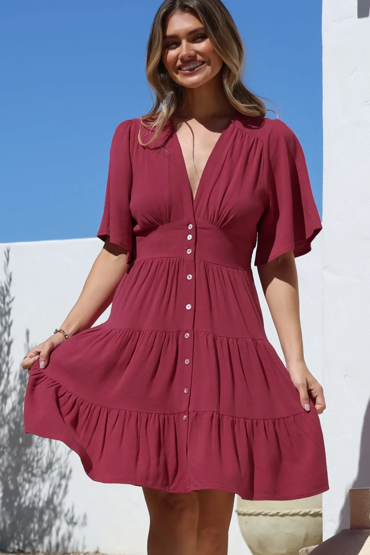Sana Mini Dress - Bell Sleeve Button Down V Neck Dress in Berry>Salty Crush Online