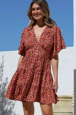 Sana Mini Dress - Bell Sleeve Button Down V Neck Dress in Rosina Print>Salty Crush Online