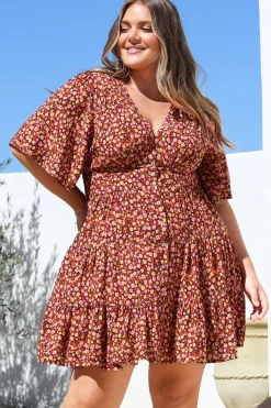 Sana Mini Dress - Bell Sleeve Button Down V Neck Dress in Rosina Print>Salty Crush Online