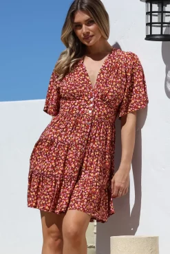 Sana Mini Dress - Bell Sleeve Button Down V Neck Dress in Rosina Print><noscript><img width=