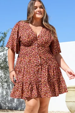 Sana Mini Dress - Bell Sleeve Button Down V Neck Dress in Rosina Print><noscript><img width=