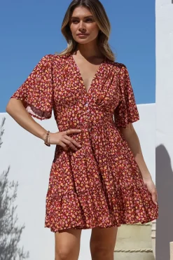 Sana Mini Dress - Bell Sleeve Button Down V Neck Dress in Rosina Print><noscript><img width=