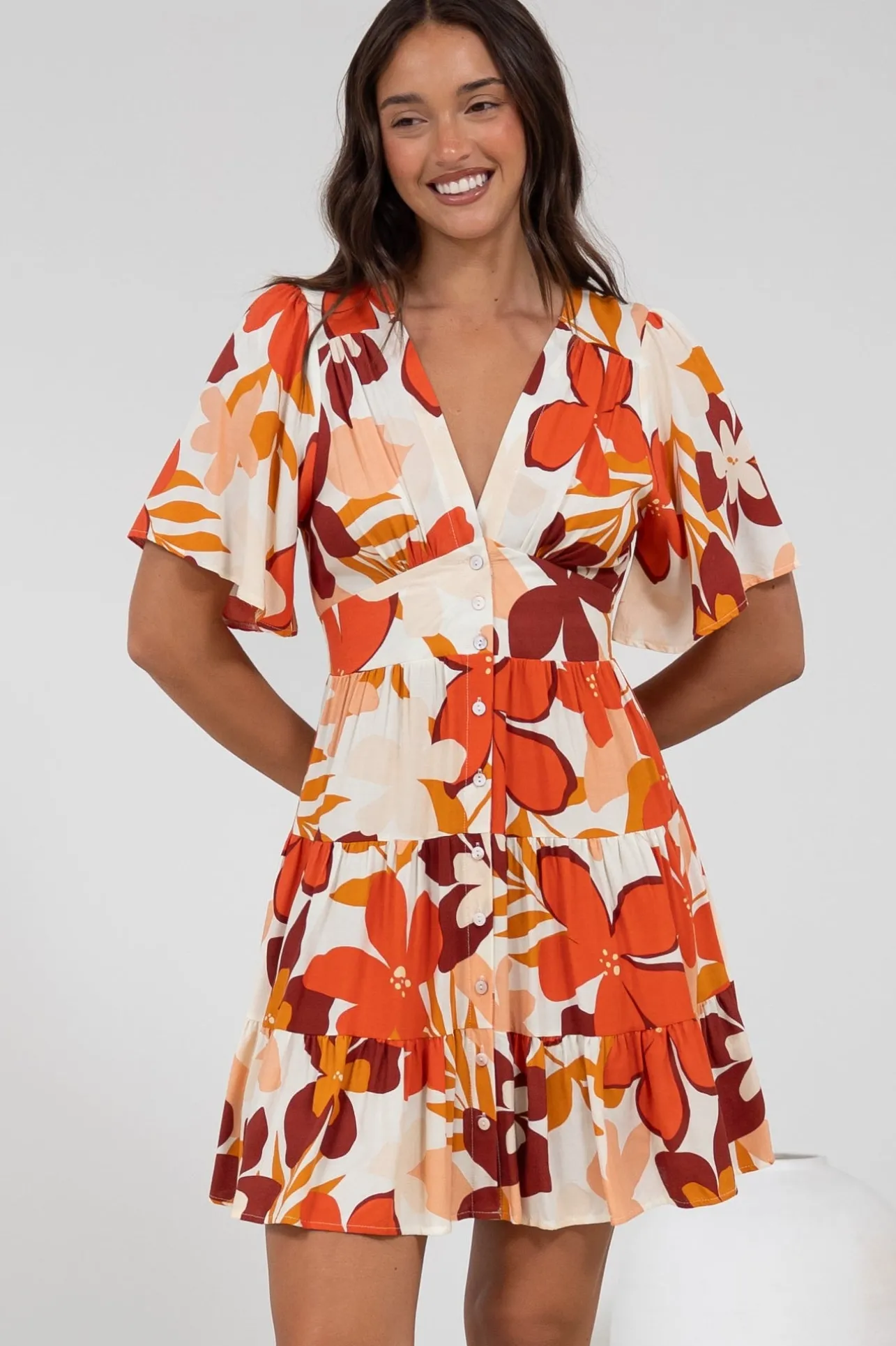 Sana Mini Dress - Bell Sleeve Button Down V Neck Dress in Tangie Print>Salty Crush Online