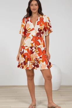 Sana Mini Dress - Bell Sleeve Button Down V Neck Dress in Tangie Print><noscript><img width=