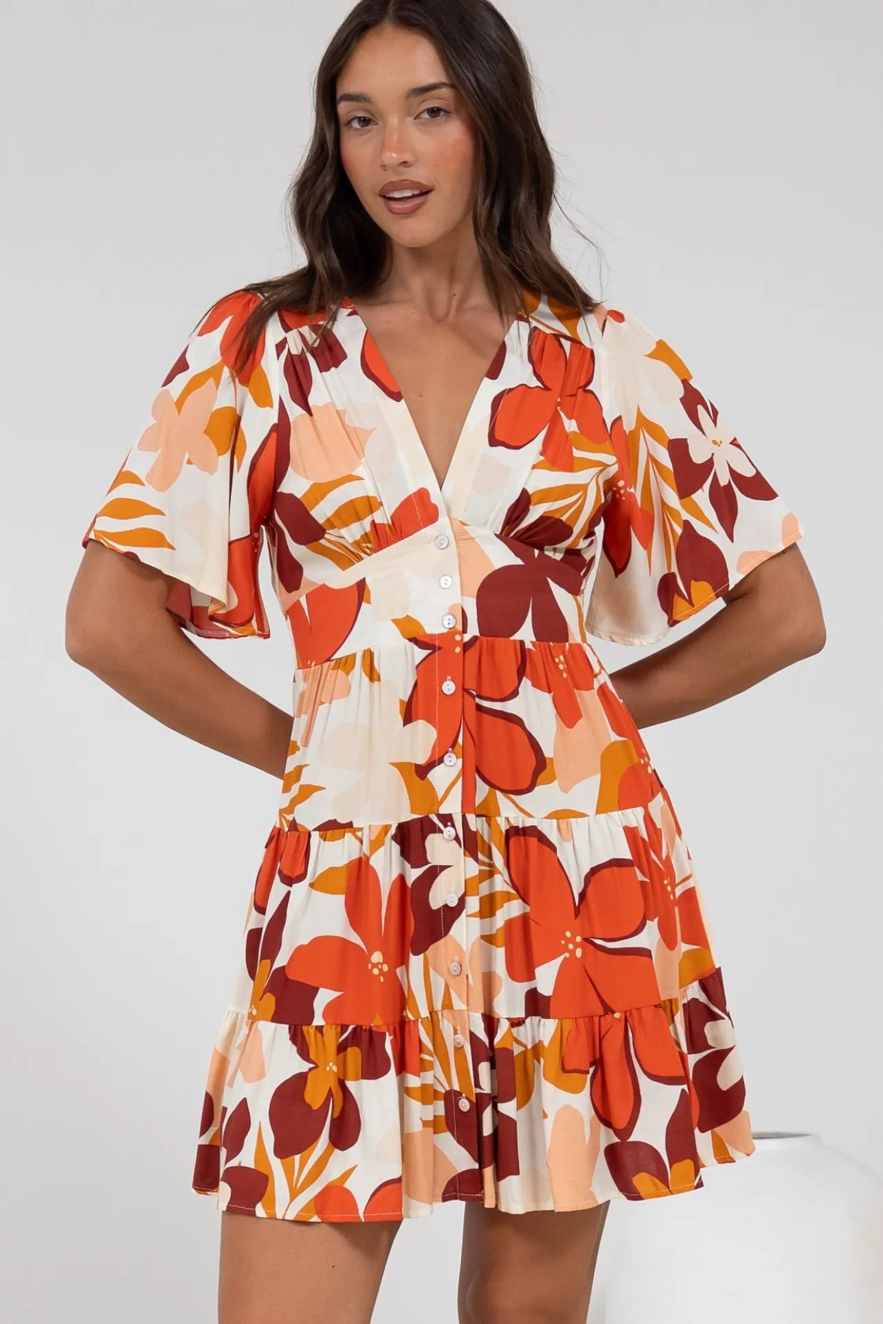 Sana Mini Dress - Bell Sleeve Button Down V Neck Dress in Tangie Print>Salty Crush Online