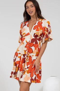 Sana Mini Dress - Bell Sleeve Button Down V Neck Dress in Tangie Print><noscript><img width=