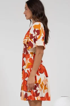 Sana Mini Dress - Bell Sleeve Button Down V Neck Dress in Tangie Print><noscript><img width=