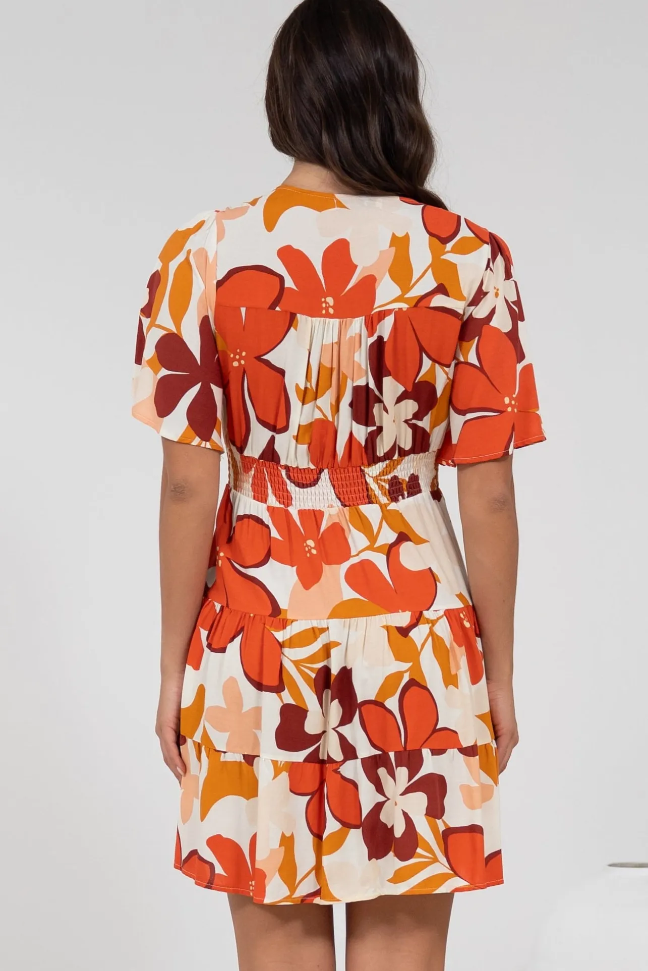 Sana Mini Dress - Bell Sleeve Button Down V Neck Dress in Tangie Print>Salty Crush Online