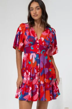 Sana Mini Dress - Bell Sleeve Button Down V Neck Dress in Talina Print>Salty Crush Hot