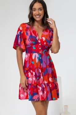 Sana Mini Dress - Bell Sleeve Button Down V Neck Dress in Talina Print>Salty Crush Hot