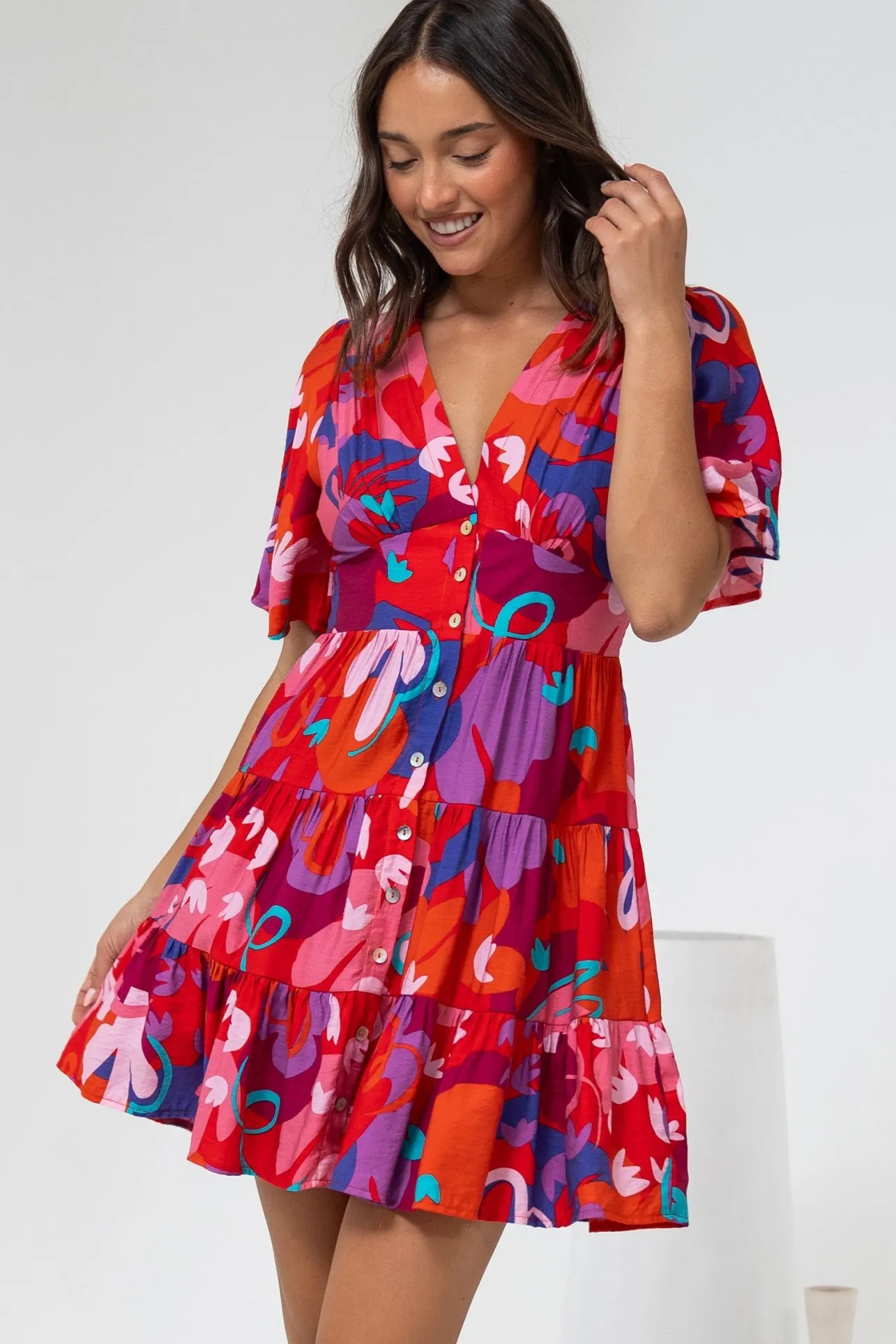 Sana Mini Dress - Bell Sleeve Button Down V Neck Dress in Talina Print>Salty Crush Hot