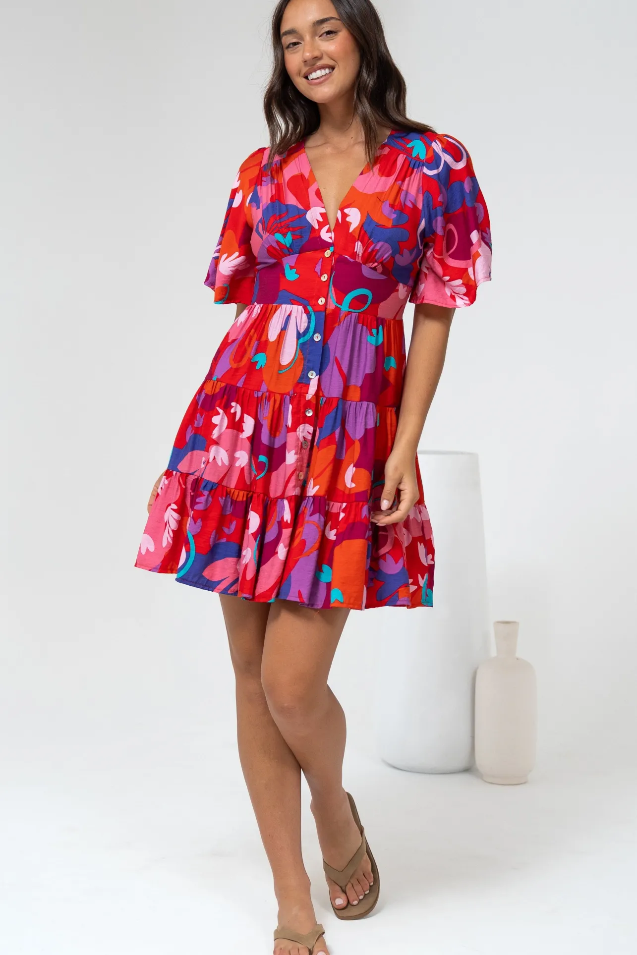 Sana Mini Dress - Bell Sleeve Button Down V Neck Dress in Talina Print>Salty Crush Hot