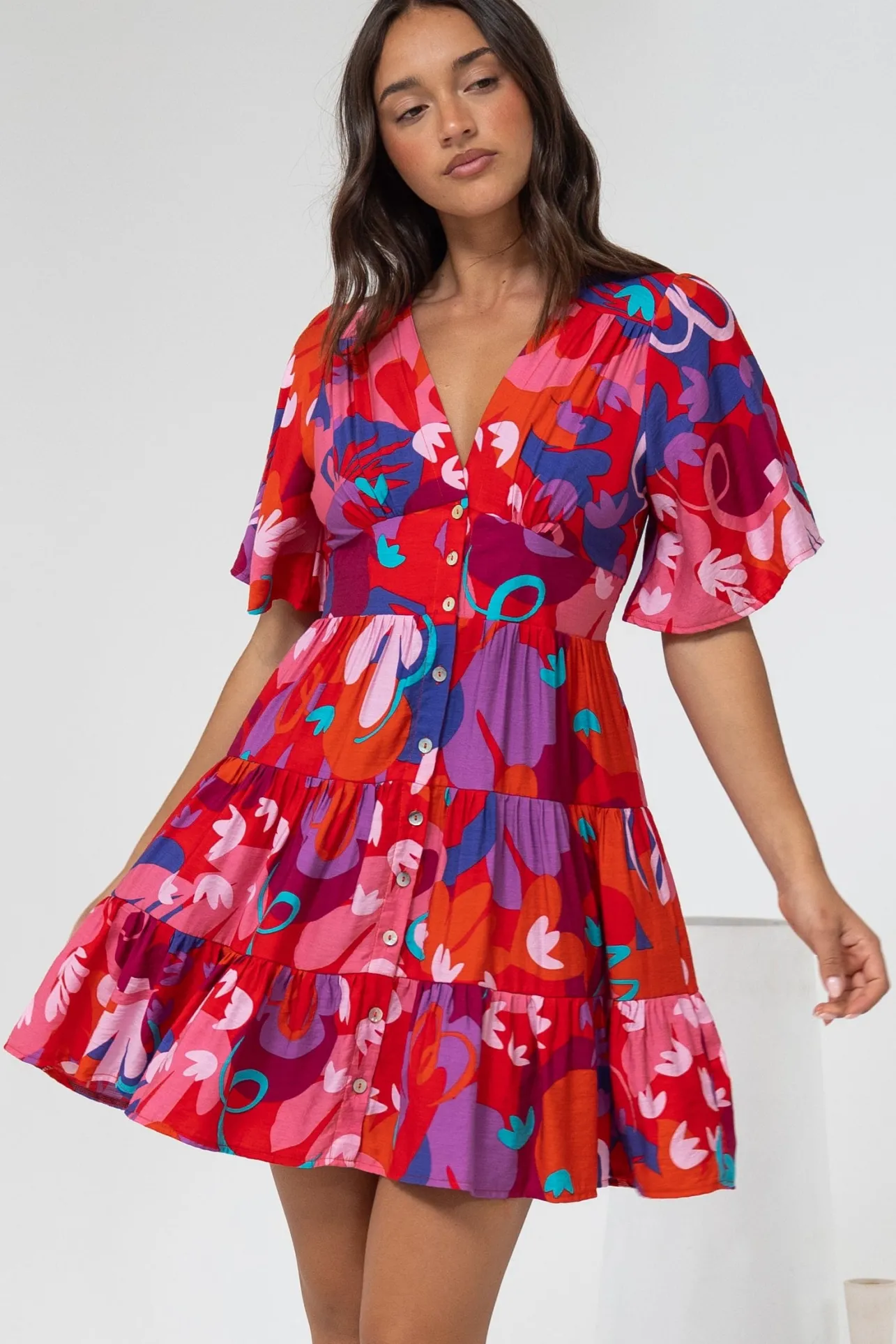 Sana Mini Dress - Bell Sleeve Button Down V Neck Dress in Talina Print>Salty Crush Hot