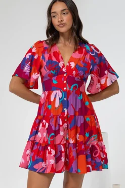 Sana Mini Dress - Bell Sleeve Button Down V Neck Dress in Talina Print><noscript><img width=