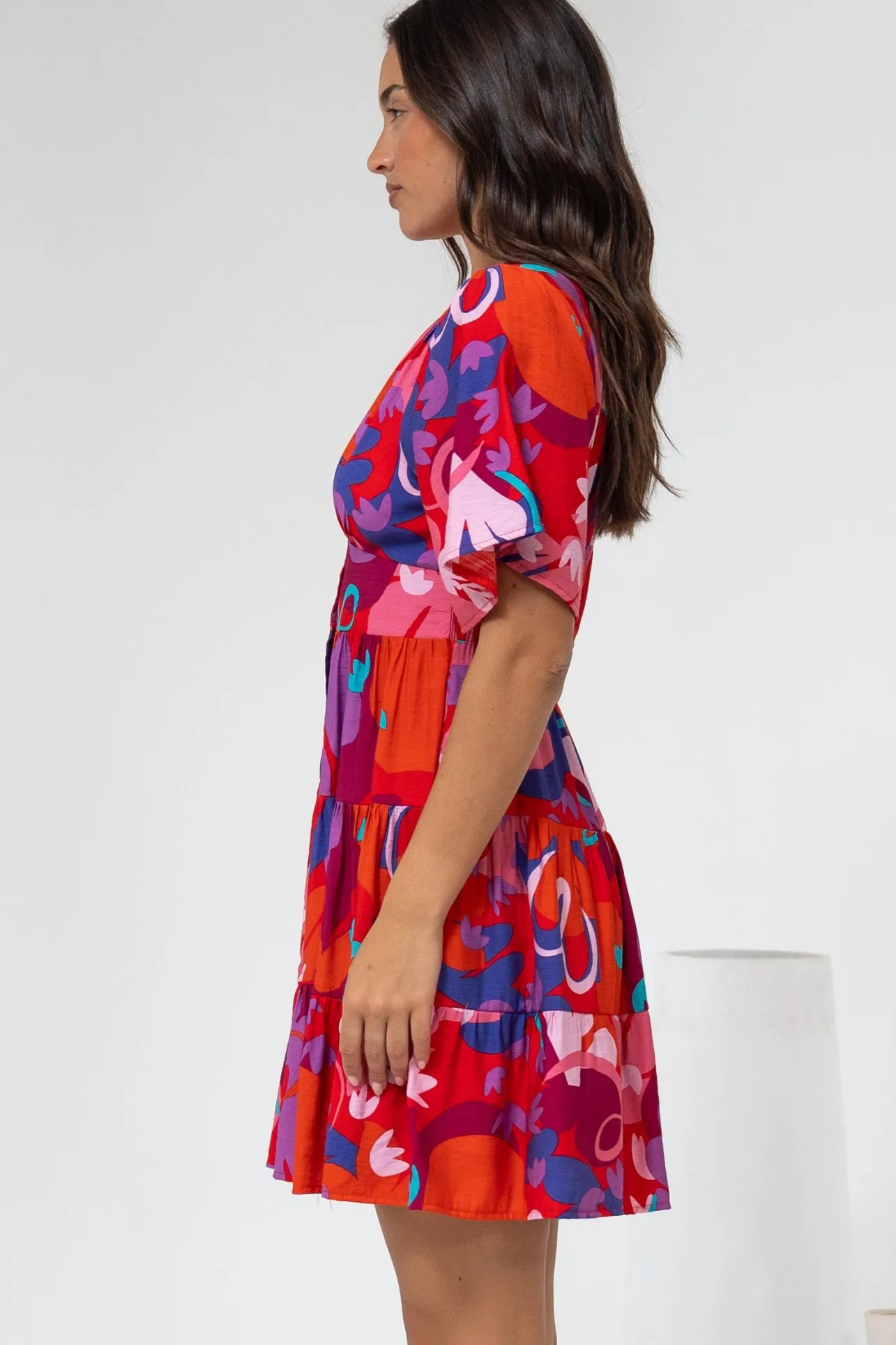Sana Mini Dress - Bell Sleeve Button Down V Neck Dress in Talina Print>Salty Crush Hot