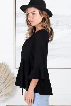 Sandy Top - Crochet Neckline Buttoned Bodice Flare Sleeve Smock Top in Black><noscript><img width=