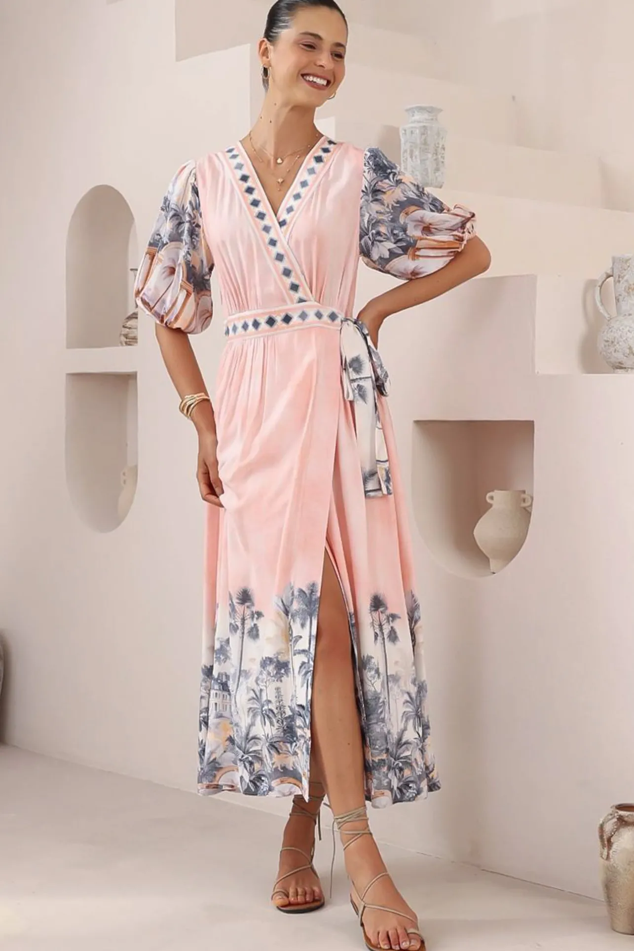 Sansa Midi Dress - V-Neck Wrap Dress with Short Balloon Sleeves in Armena Print>Salty Crush New