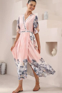 Sansa Midi Dress - V-Neck Wrap Dress with Short Balloon Sleeves in Armena Print><noscript><img width=