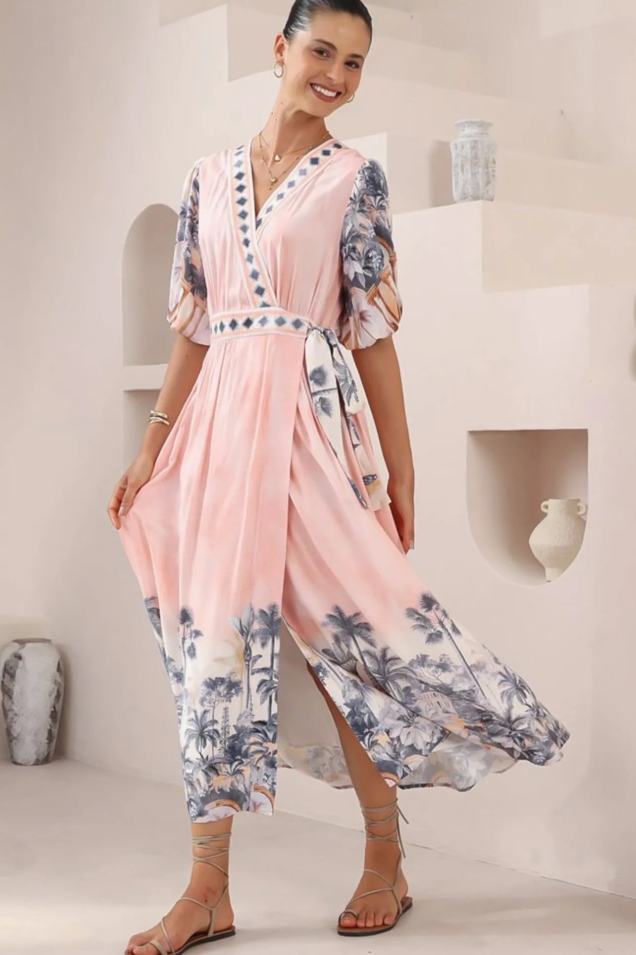 Sansa Midi Dress - V-Neck Wrap Dress with Short Balloon Sleeves in Armena Print>Salty Crush New