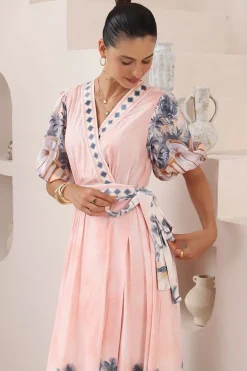 Sansa Midi Dress - V-Neck Wrap Dress with Short Balloon Sleeves in Armena Print><noscript><img width=