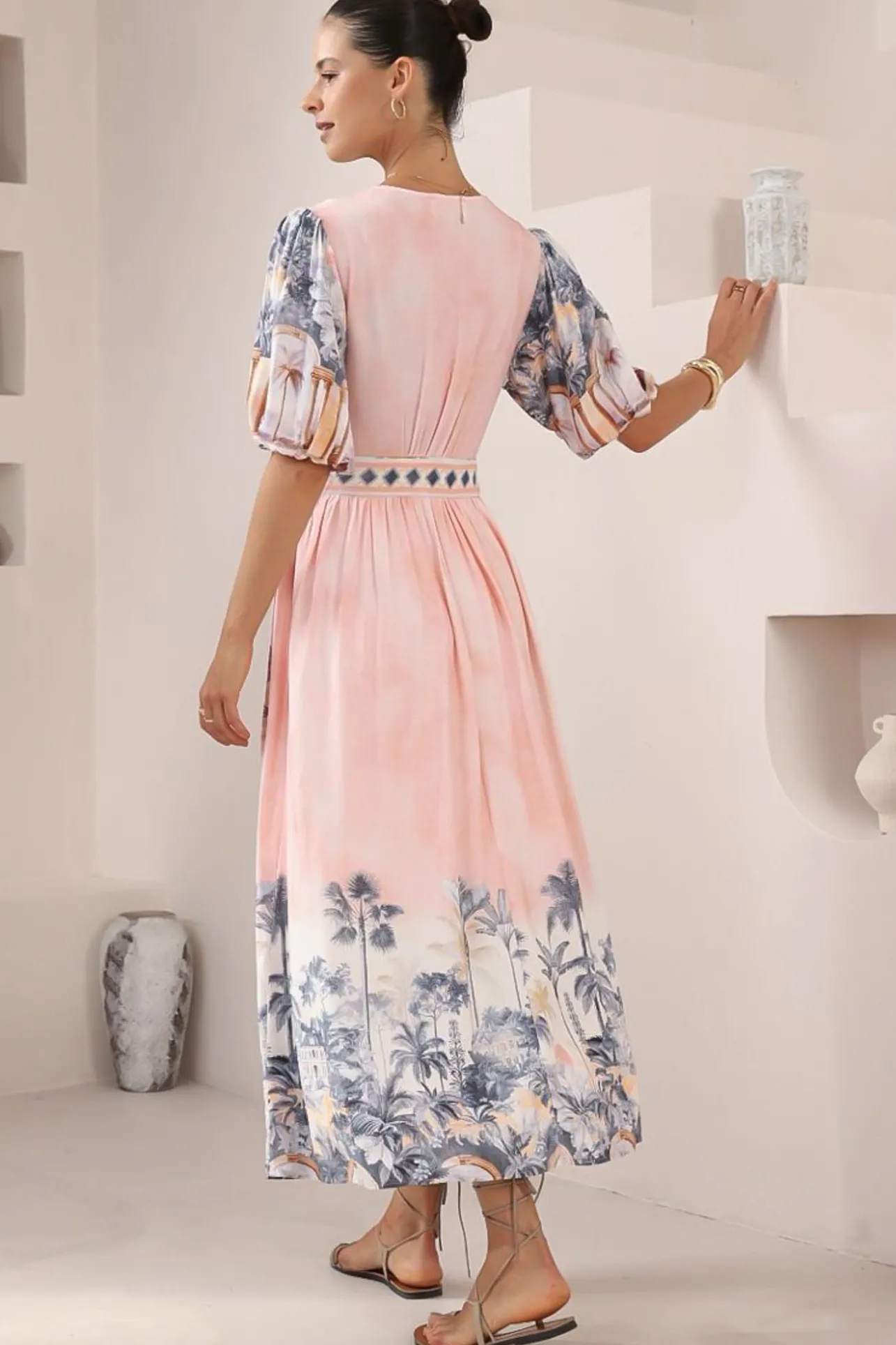 Sansa Midi Dress - V-Neck Wrap Dress with Short Balloon Sleeves in Armena Print>Salty Crush New