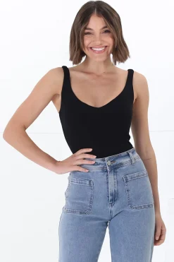 Santie Singlet - V Neckline Double Layered Singlet in Black>Salty Crush Clearance