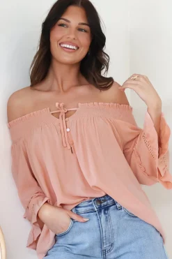 Sarah Top - Off Shoulder Ruffled Sleeve Top in Blush>Salty Crush Online