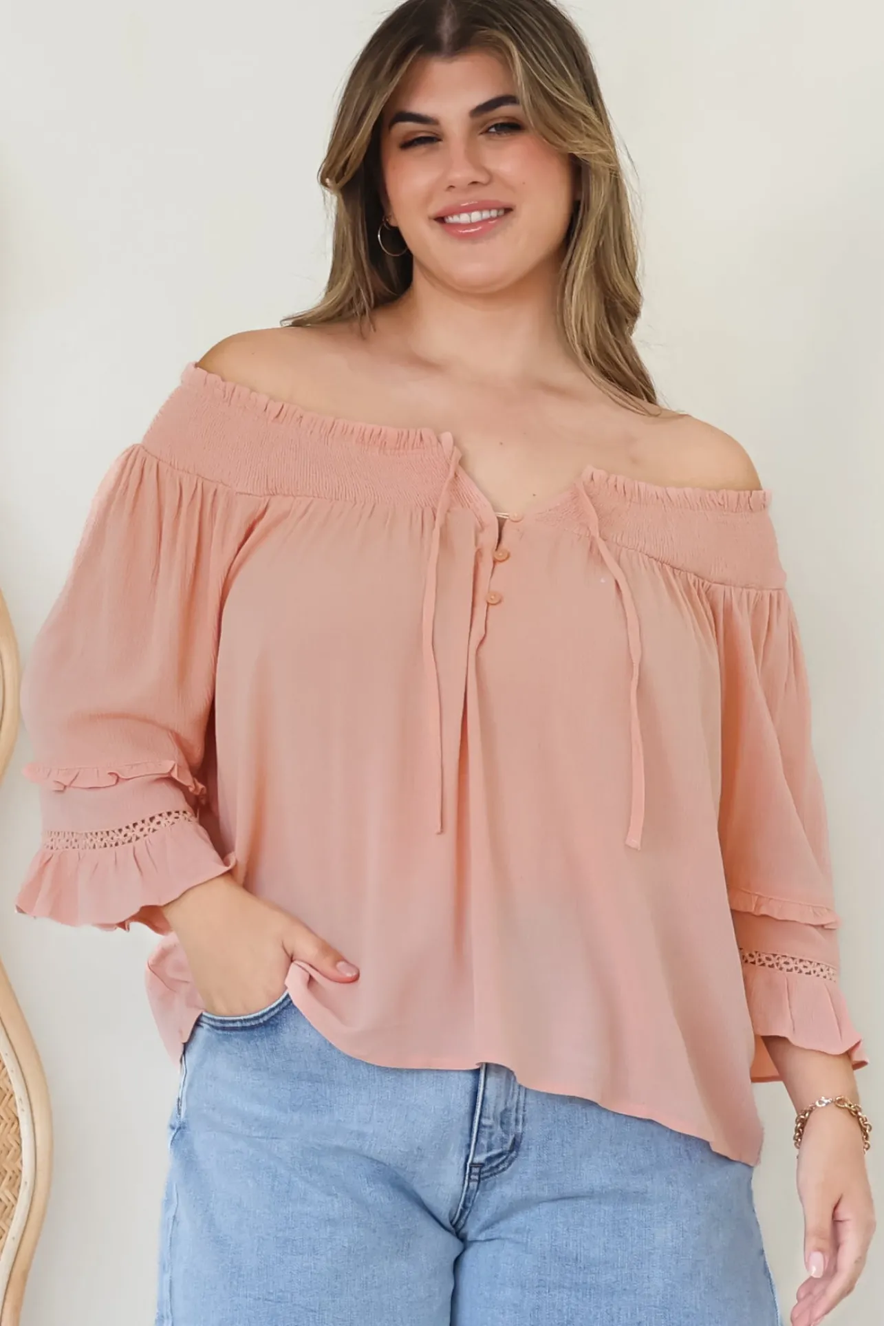 Sarah Top - Off Shoulder Ruffled Sleeve Top in Blush>Salty Crush Online