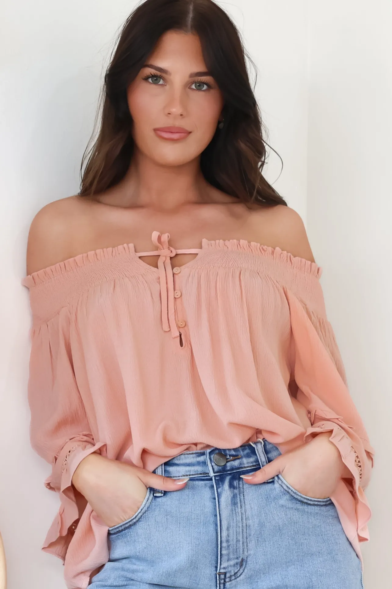 Sarah Top - Off Shoulder Ruffled Sleeve Top in Blush>Salty Crush Online