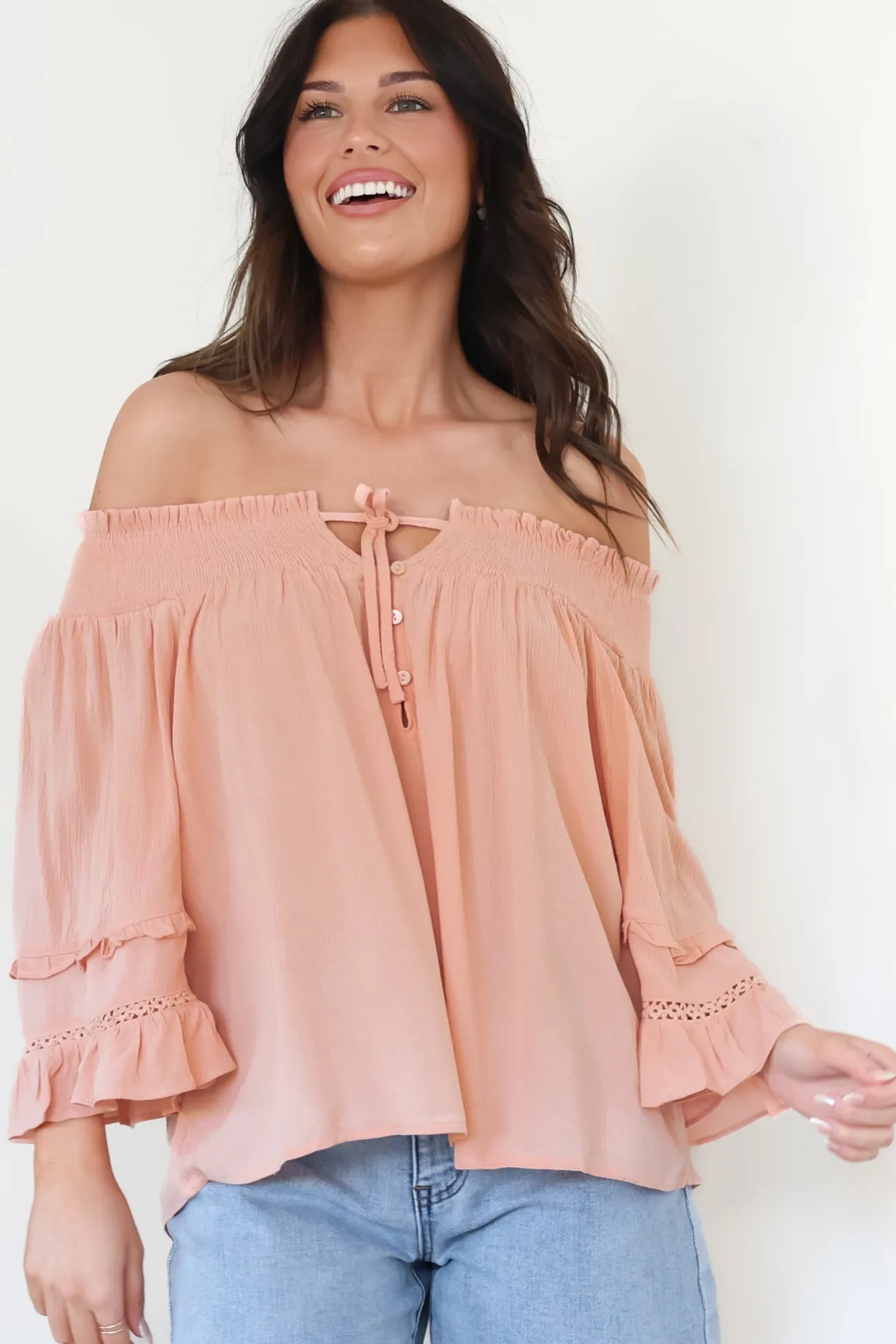 Sarah Top - Off Shoulder Ruffled Sleeve Top in Blush>Salty Crush Online