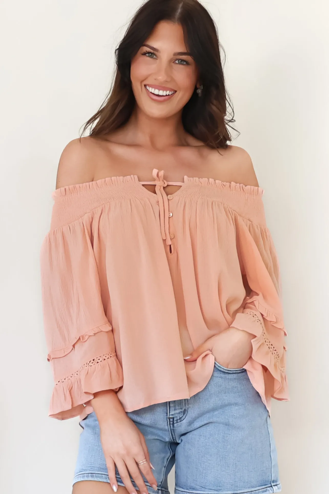 Sarah Top - Off Shoulder Ruffled Sleeve Top in Blush>Salty Crush Online