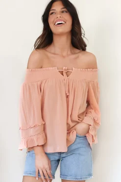 Sarah Top - Off Shoulder Ruffled Sleeve Top in Blush><noscript><img width=