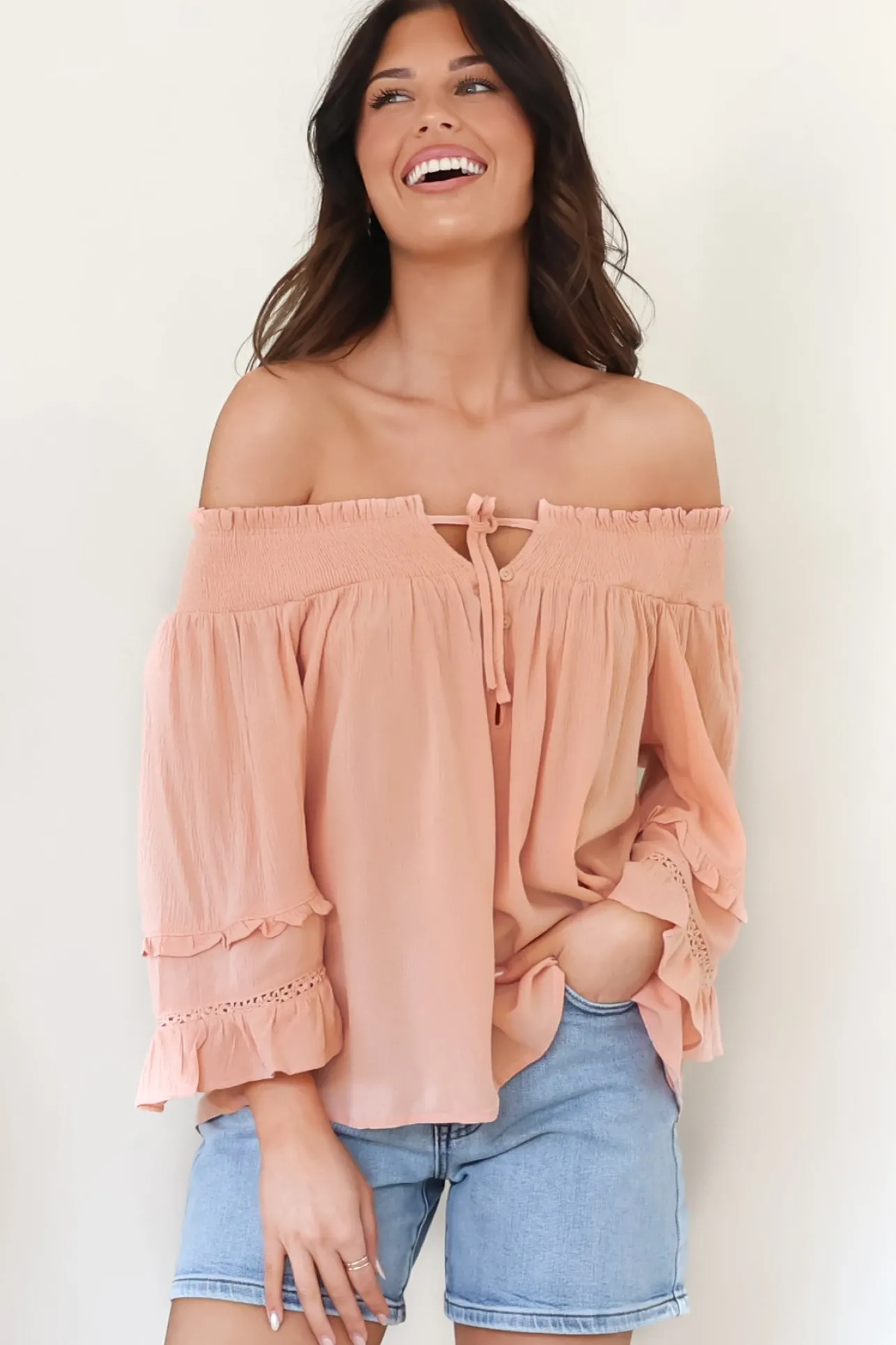 Sarah Top - Off Shoulder Ruffled Sleeve Top in Blush>Salty Crush Online
