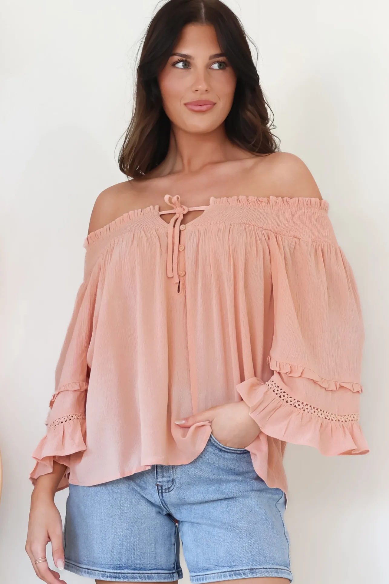 Sarah Top - Off Shoulder Ruffled Sleeve Top in Blush>Salty Crush Online