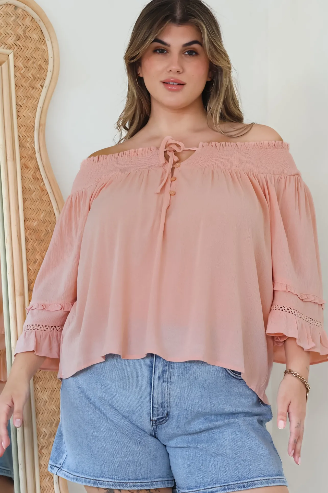 Sarah Top - Off Shoulder Ruffled Sleeve Top in Blush>Salty Crush Online
