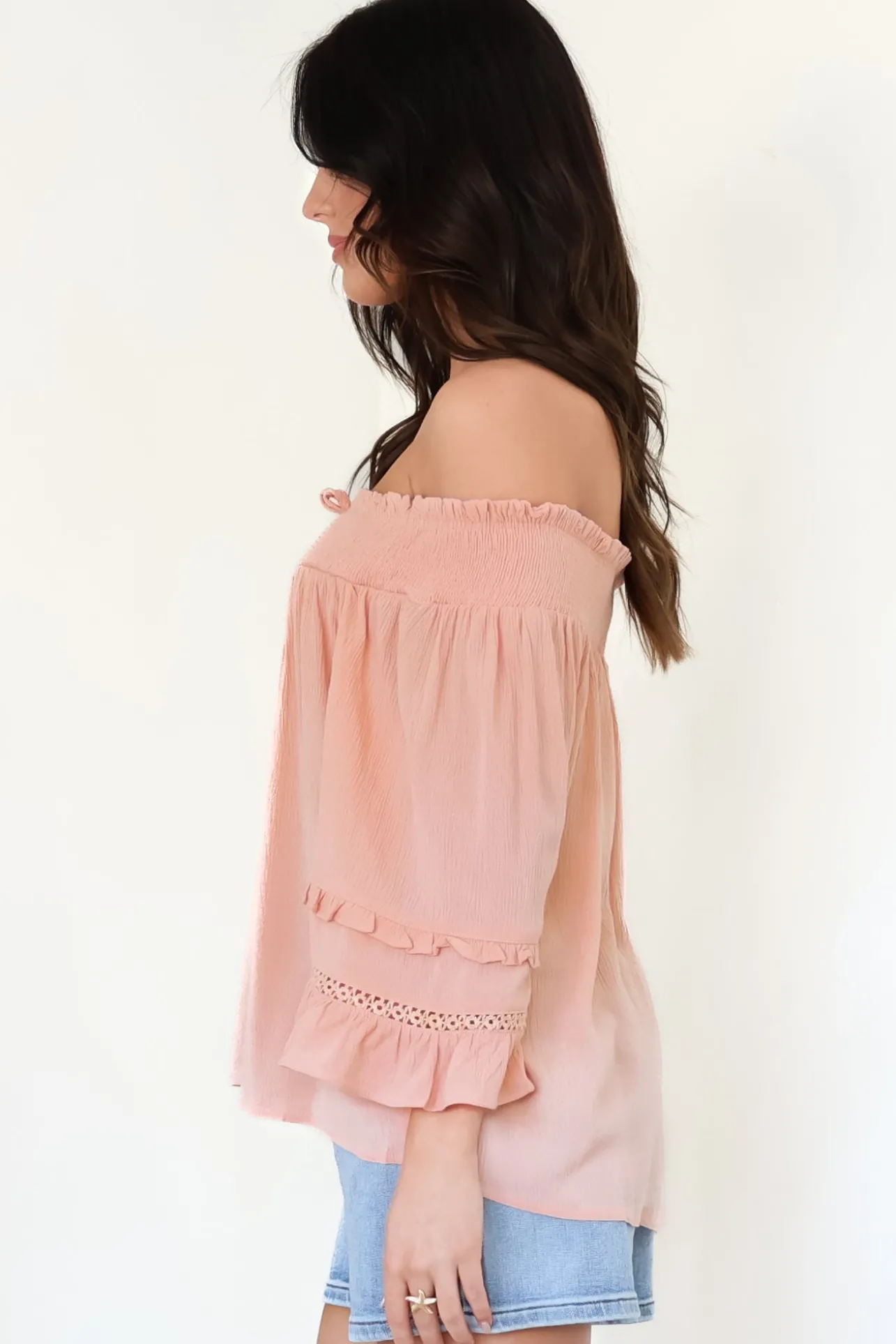Sarah Top - Off Shoulder Ruffled Sleeve Top in Blush>Salty Crush Online