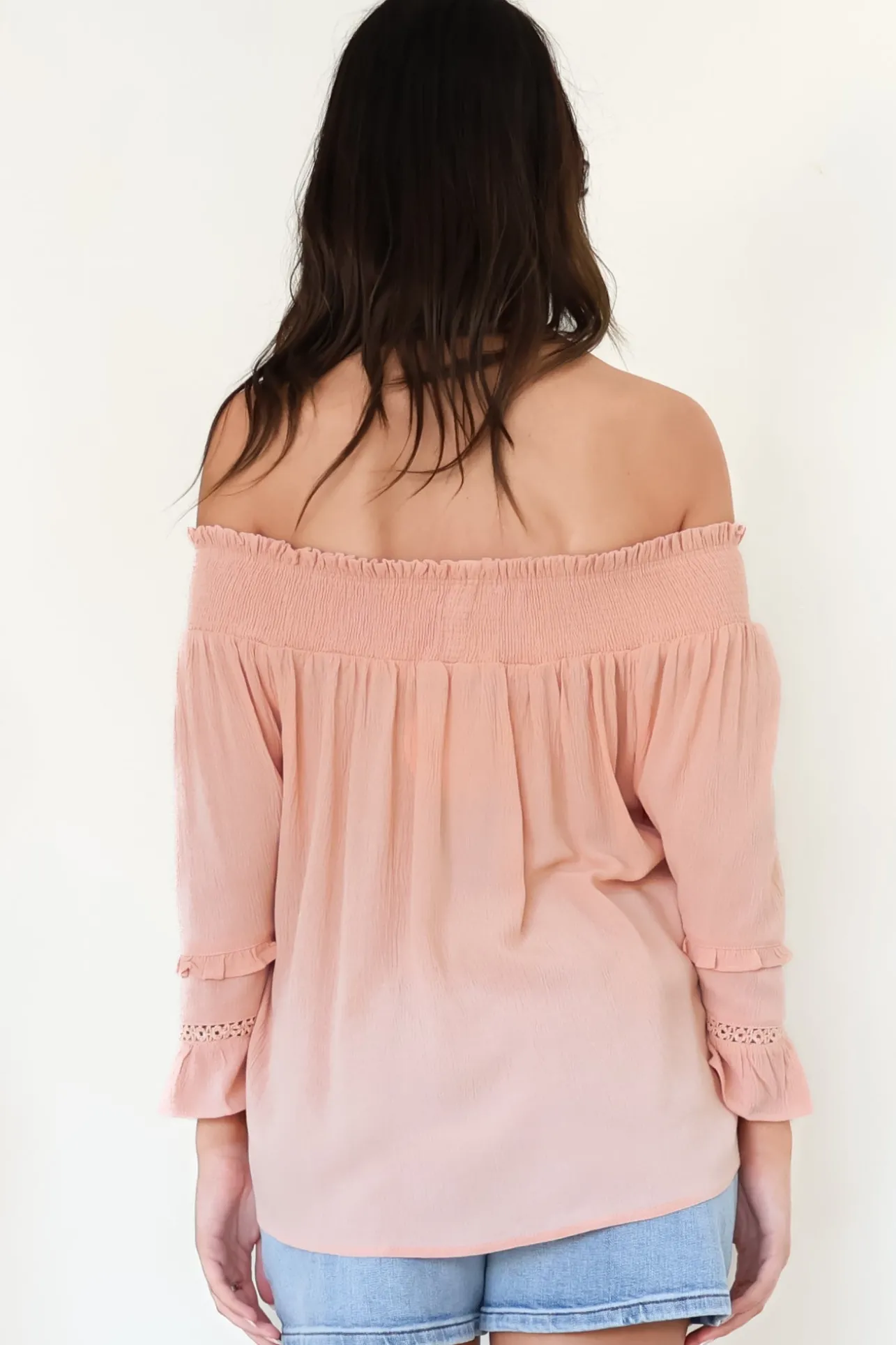 Sarah Top - Off Shoulder Ruffled Sleeve Top in Blush>Salty Crush Online